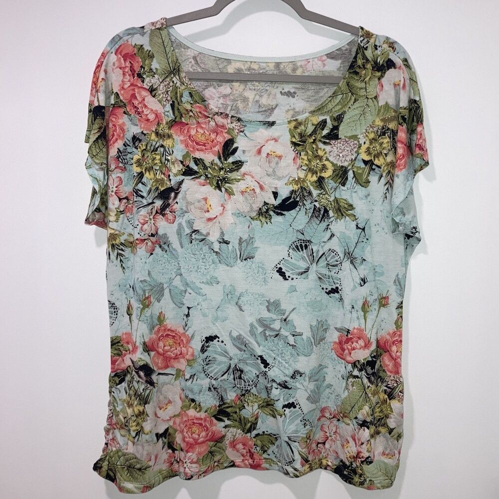 Apt. 9 Floral Butterfly Print Beaded Dolman Sleeve Blouse Blue Pink Extra Large